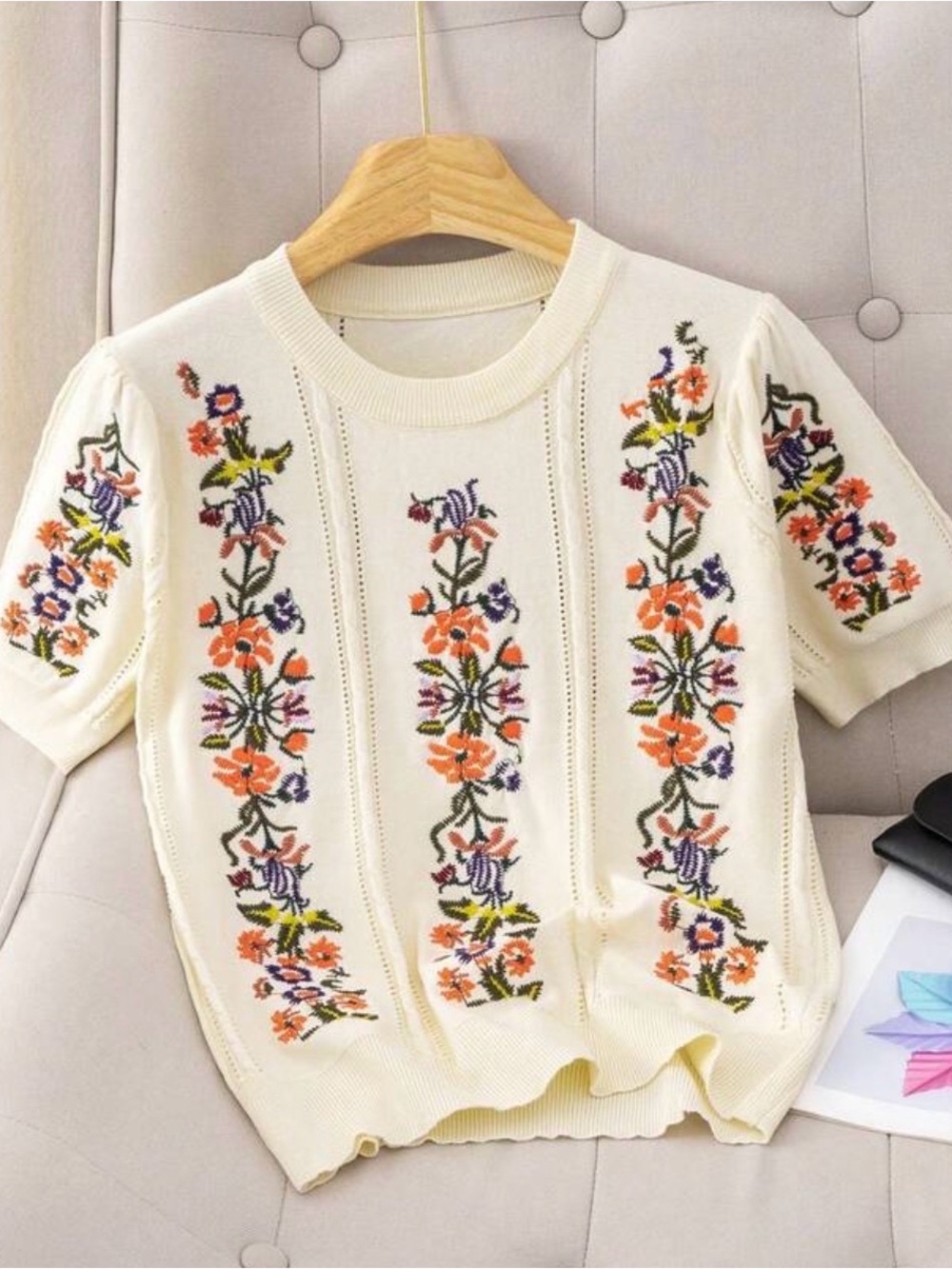 Floral Embroidered Cream Short Sleeve Knit Top